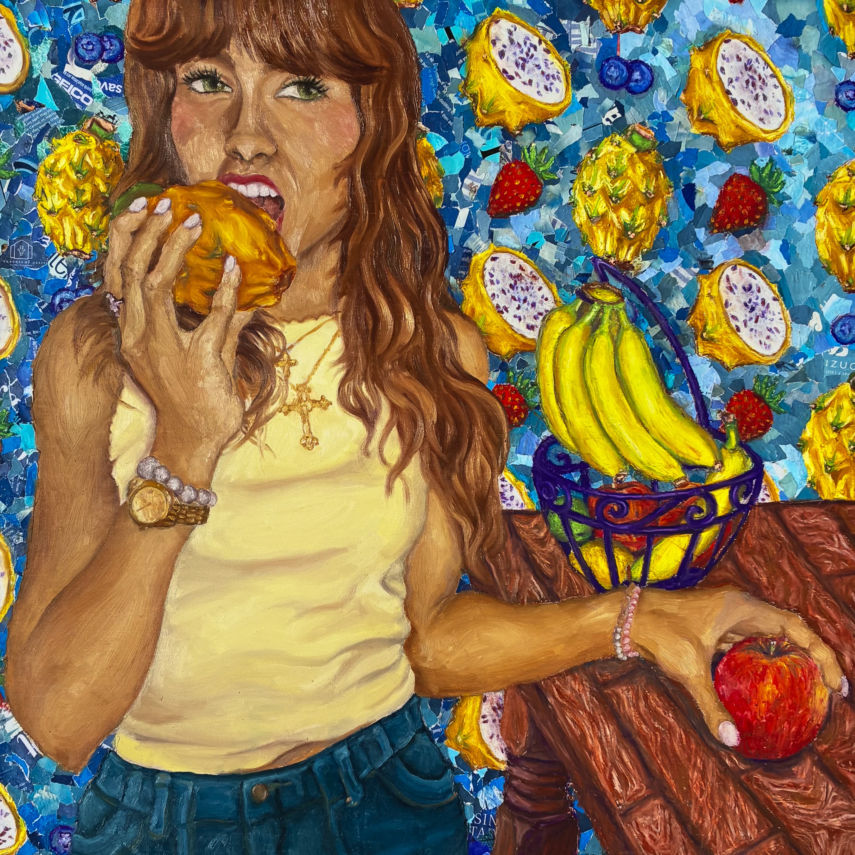Student painting of a woman with tropical fruit