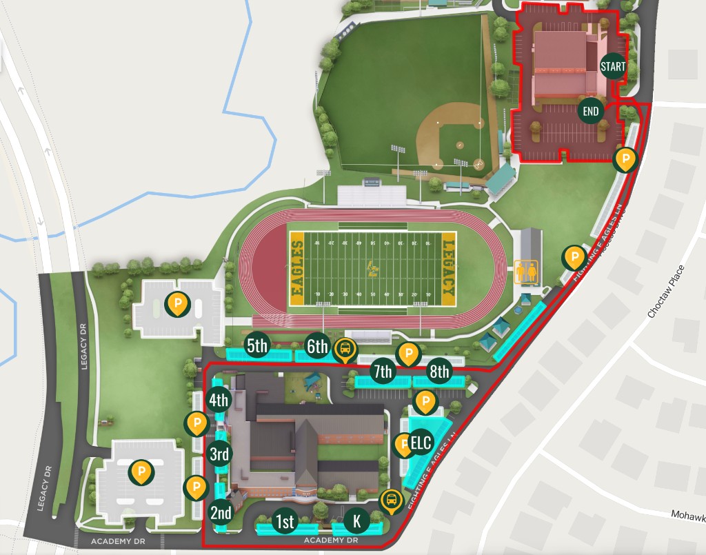 LCA Homecoming parade route map showing grade gathering spots, shuttle stops, parking, and the path to Comstock Field