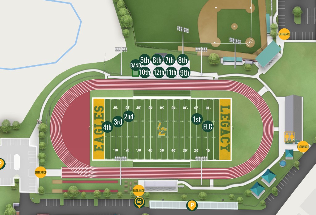 LCA Homecoming pep rally map of Comstock Field showing grade seating, band, entrances, and shuttle pickup