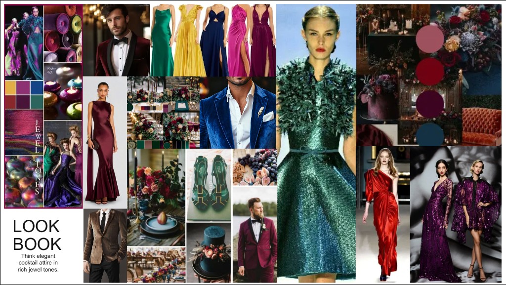 Legacy Night 2026 style board of elegant cocktail attire in rich jewel tones.